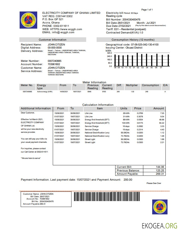 Ghana Electricity Company of Ghana utility bill